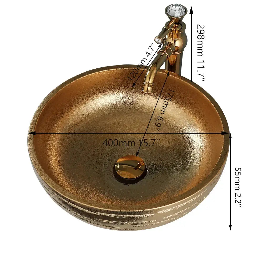 Textured golden ceramic bathroom basin set featuring a gold-toned ridged vessel sink with decorbites golden ceramic finish