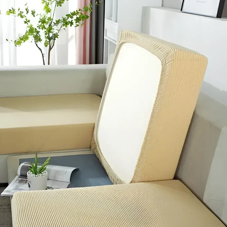 Beige textured fabric sofa cover with white back panel elastic green and beige living room furniture protector