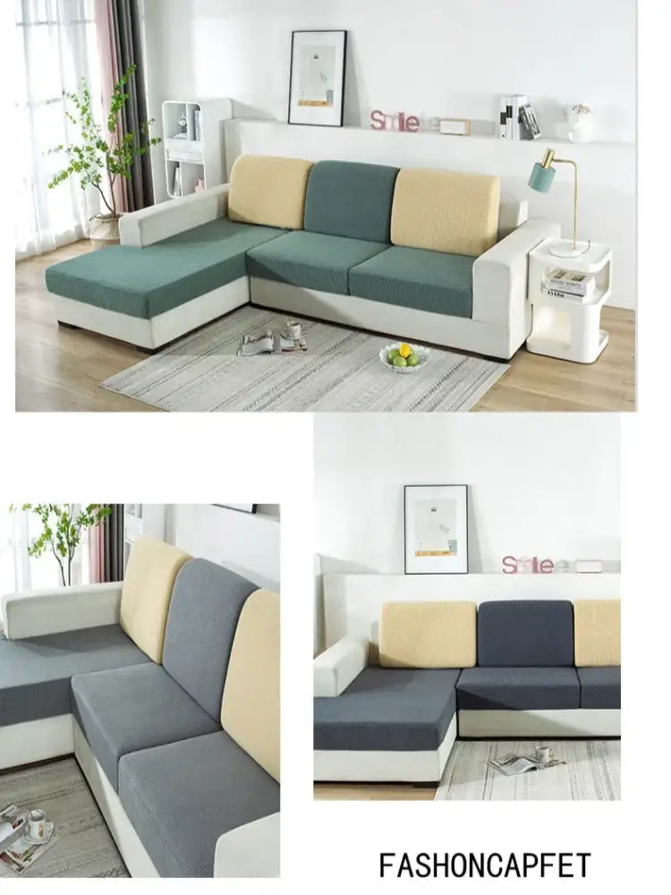 Modern l-shaped sectional sofa with white frame and textured green beige elastic sofa cover for living room protection