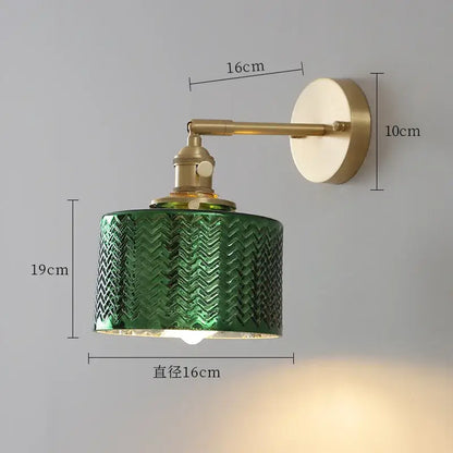 Textured green ceramic wall sconce with green glass nordic lampshade mounted on brass arm for bedroom led light