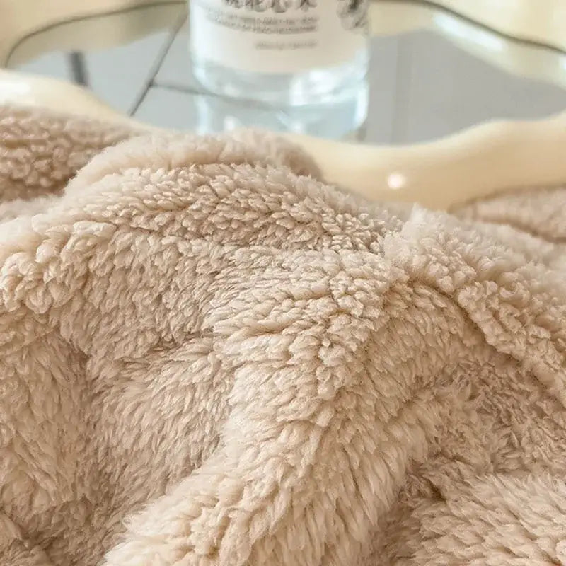 Beige plush fleece lamb wool blanket with soft textured surface from decorbites cozy lamb collection for bedroom use