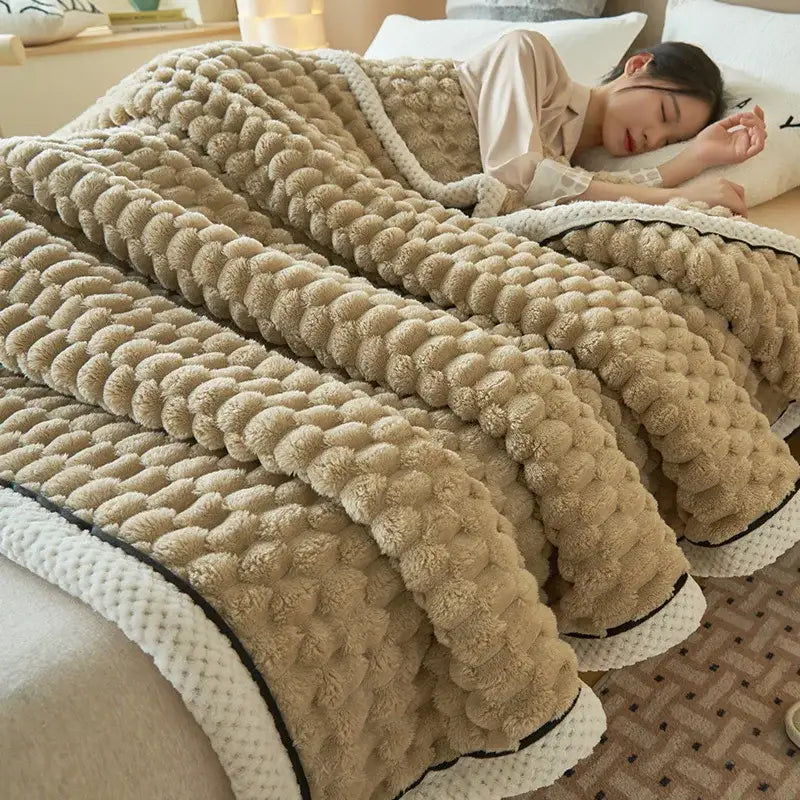 Beige plush decorbites cozy taffeta velvet blanket with raised pom-pom pattern and white knitted trim bedroom throw