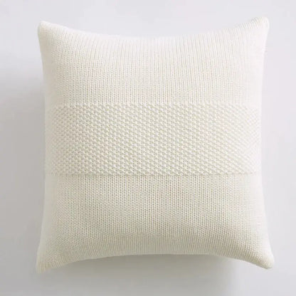 Cream-colored knit cushion cover with textured horizontal band by decorbites for stylish living room decor