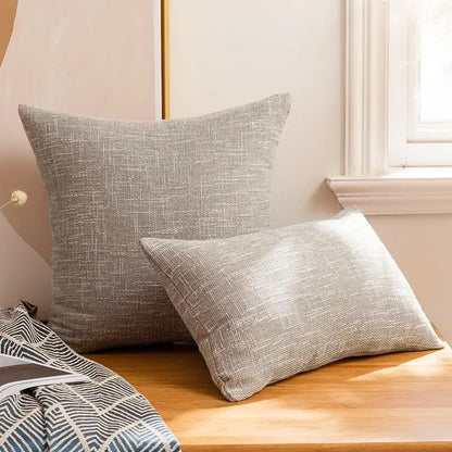Two gray linen cotton throw pillowcases with textured woven pattern for living room decor by decorbites linen cotton