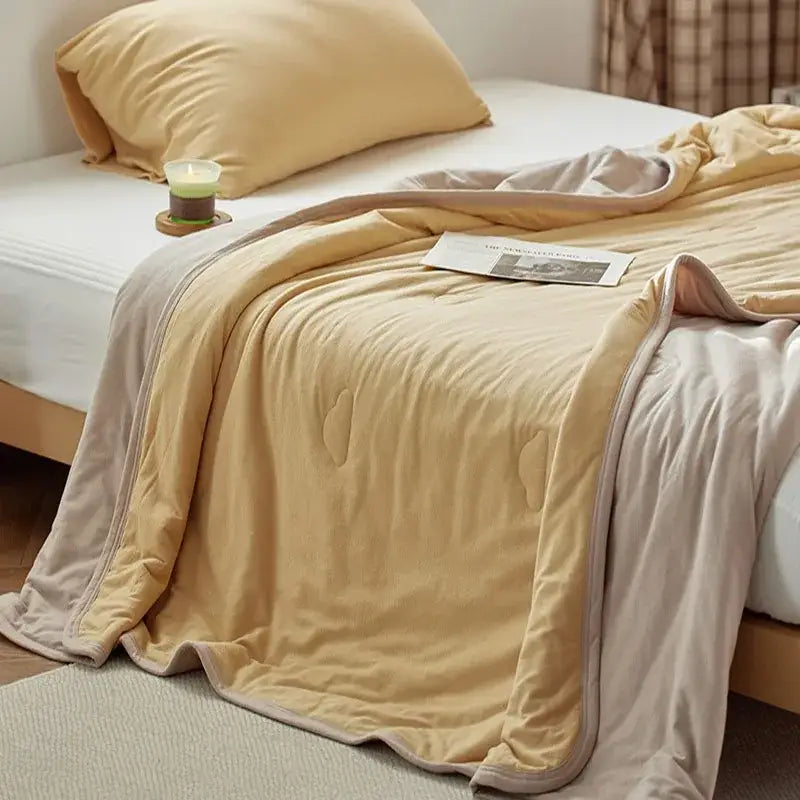 Beige and cream two-sided quilted decorbites cotton summer comforter with soft plush texture for bedroom cooling