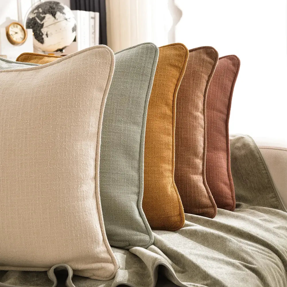 A set of five cotton linen pillow covers in beige sage green mustard yellow terracotta and muted rust for living room decorbites cotton linen
