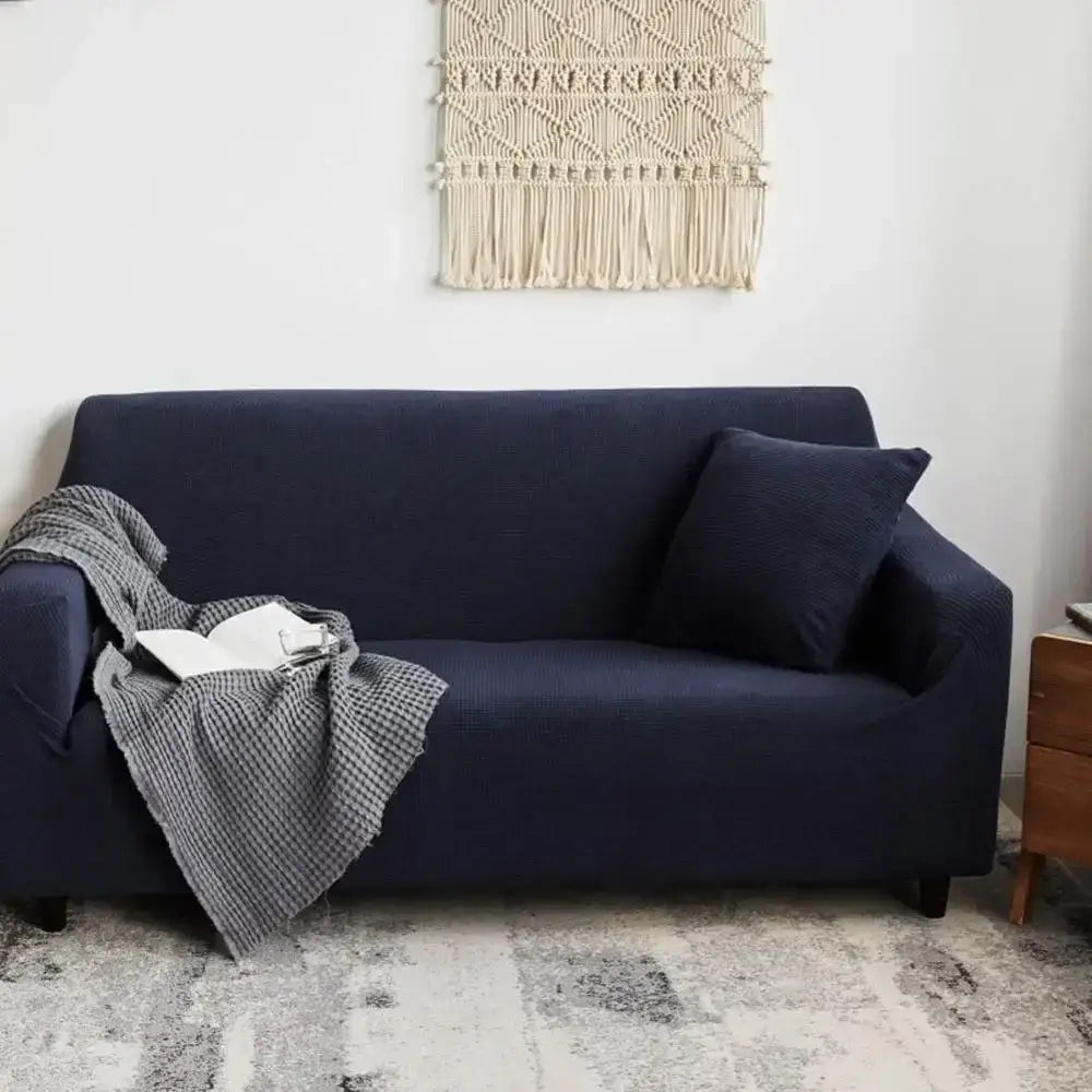 Navy blue textured cozy fleece sofa slipcover with matching pillow for living room decorbites cozy fleece sofa wrap