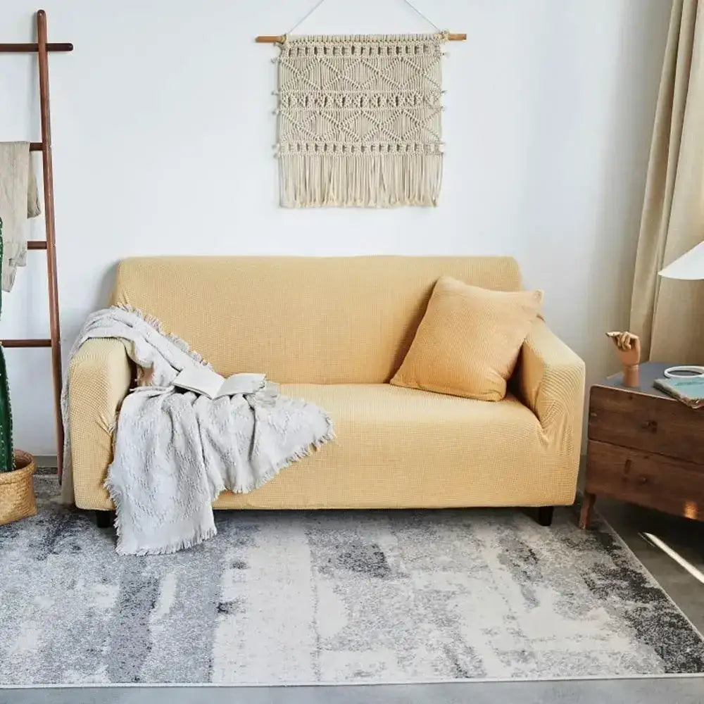 Yellow textured sofa slipcover with matching pillow and gray throw blanket decorbites cozy fleece sofa wrap