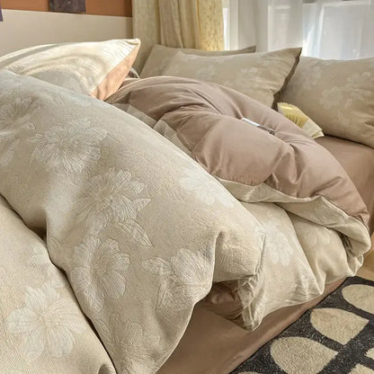 Beige floral-patterned decorbites cotton three-layer bedding set with soft textured weave and subtle embroidered details