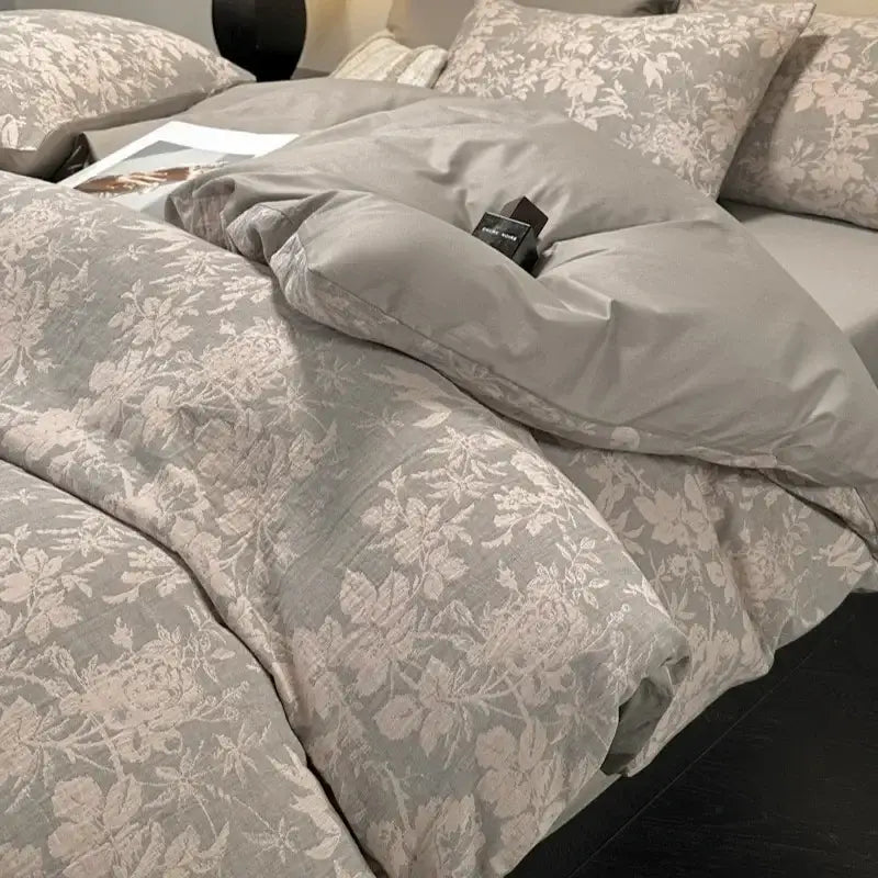 Gray floral duvet cover set with subtle elegant pattern in decorbites cotton three-layer bedding set for bedroom decor
