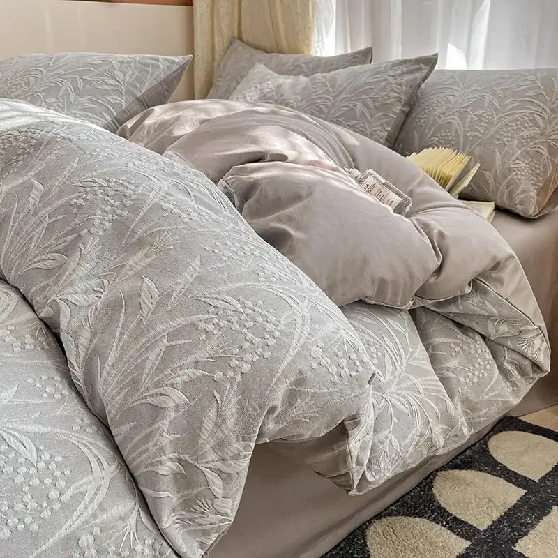 Gray floral-patterned duvet set with soft textured fabric from decorbites cotton three-layer bedding set collection