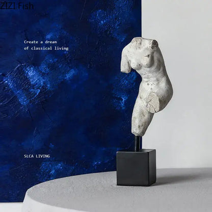 A weathered white plaster body art resin sculpture of a classical female torso on a black base for living room decorbites body art