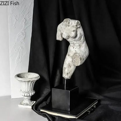 Weathered gray female torso sculpture on black base decorbites body art resin art resin sculpture for living room decor