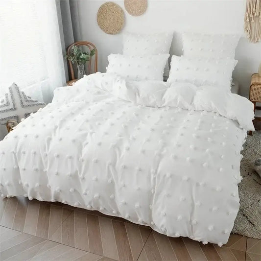 Textured white furball double bed duvet set featuring a soft fluffy pom-pom detail for cozy bedroom decorbites furball double