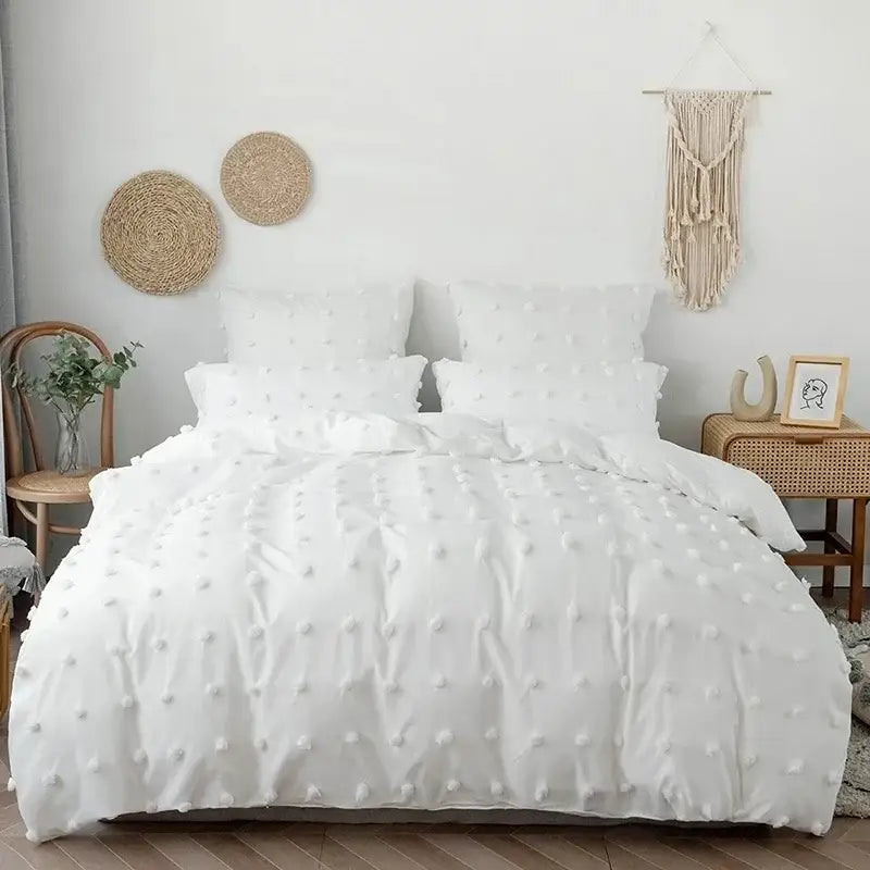 Textured white furball double bed duvet set featuring a soft pom-pom embellished duvet cover for decorbites furball double