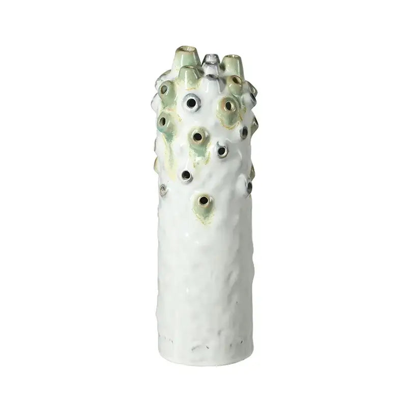 Textured white and green coral ball ceramic vase with organic surface and circular openings for living room decorbites coral ball