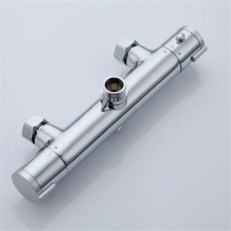 Chrome finished thermostatic bathtub shower faucet with dual handle cylindrical body and multiple control knobs wall mounted