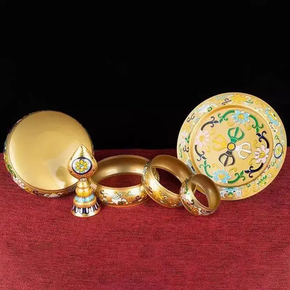 Golden tibetan-style tea pan with intricate enamel floral designs on polished brass base by decorbites cloisonné manda