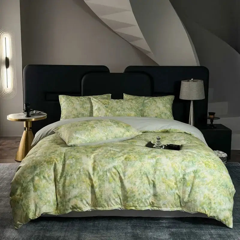 Linen-textured cotton bedding set with soft green and white floral pattern on modern black bed frame decorbites cotton bedding
