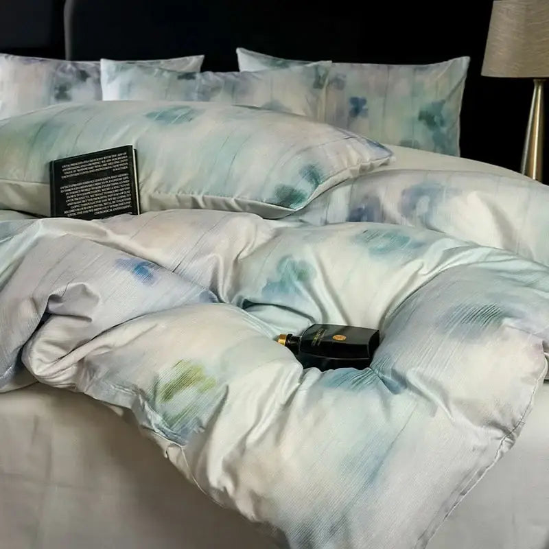 Tie dye blue and white cotton bedding set with a soft watercolor style and subtle sheen for decorbites cotton bedding