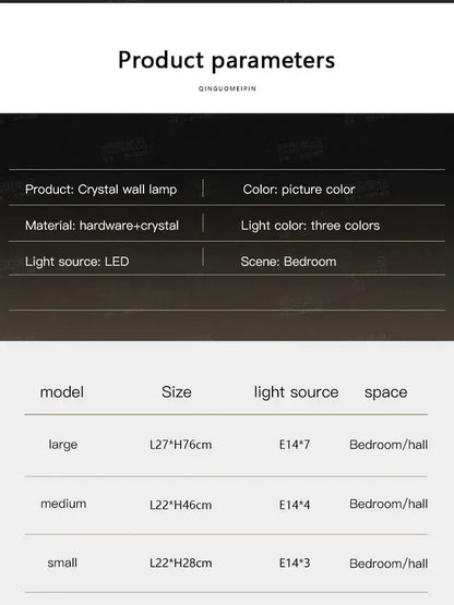 Tiered cascading decorbites crystal wall light with hardware and three color led options for luxury living room decor