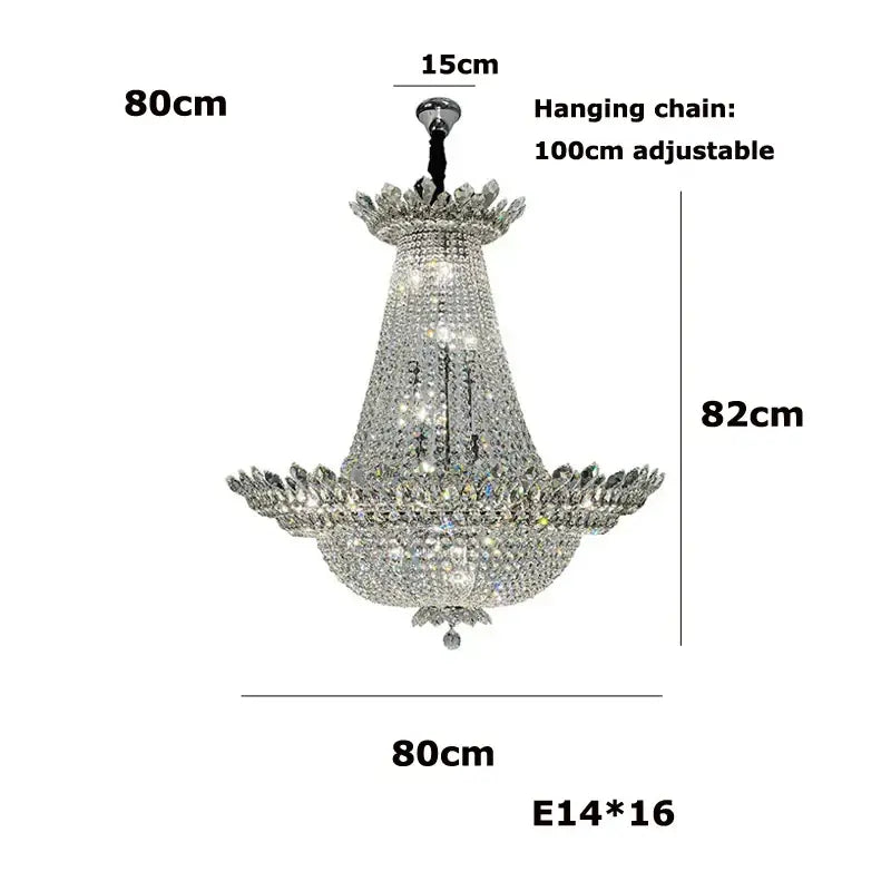 A multi-tiered decorbites k9 crystal chrome led chandelier with silver metal frame and adjustable hanging chain for living room lighting