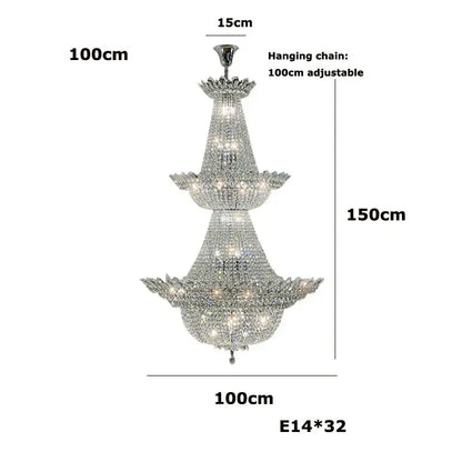 A three-tiered crystal chrome led chandelier with silver-toned metal frame and decorbites k9 crystal accents for living room lighting