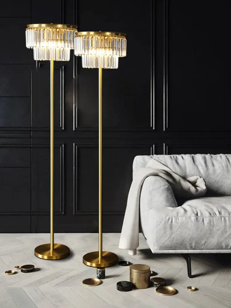 Two elegant gold finished table lamps with cascading gray crystal chandeliers for decorbites crystal table lamp decor