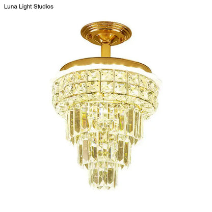 Tiered gold and optical crystal foyer chandelier with gold finish and cascading clear faceted crystal prisms inch fixture decorbites optical crystal