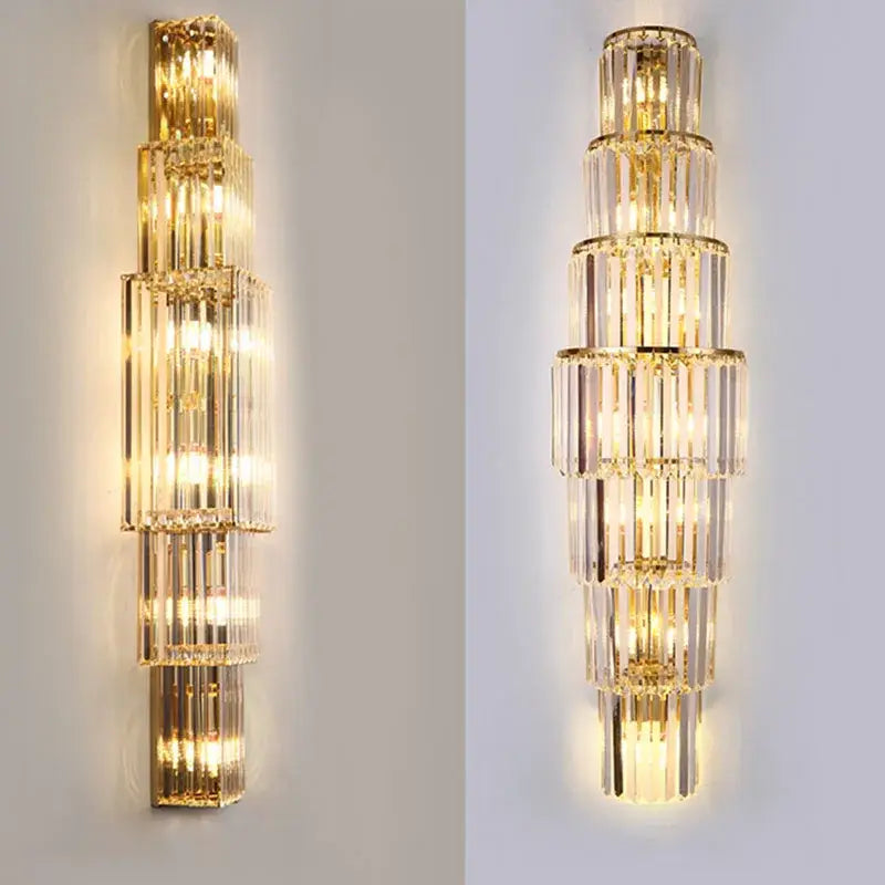 Tiered gold crystal wall lamp with clear crystal rods and metallic frames for elegant living room decorbites crystal wall lighting