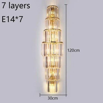 A tall tiered gold crystal wall lamp with seven clear crystal rod layers for elegant living room decorbites crystal wall lighting