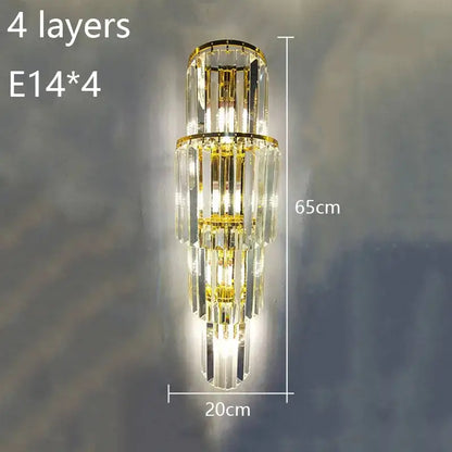 Gold-toned tiered gold crystal wall lamp with four tiers of clear crystal prisms and e14 bulbs for living room decorbites crystal wall lamp