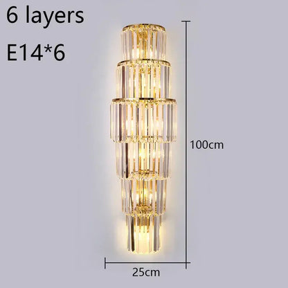 Gold-toned tiered crystal wall lamp with six tiers of clear rods and brass accents for elegant living room decorbites crystal wall lamp