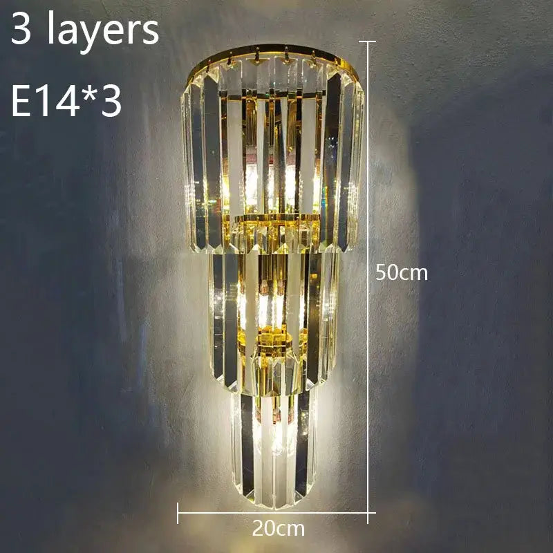 Gold-toned tiered crystal wall lamp with three tiers of clear faceted bars for elegant living room decorbites crystal wall sconce