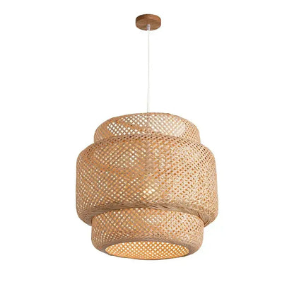 Natural woven golden bamboo pendant light with tiered cylindrical sections and wooden ceiling mount for dining room
