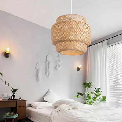 Tiered golden bamboo pendant light with natural beige woven rattan lattice pattern for dining room use