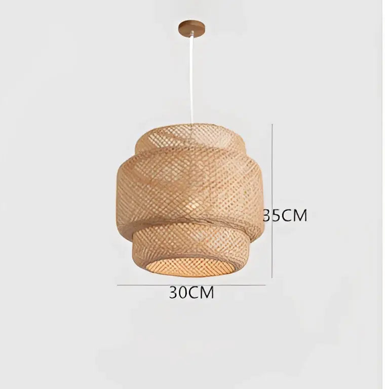 Natural woven bamboo pendant light with tiered cylindrical layers and wooden ceiling mount for dining room use