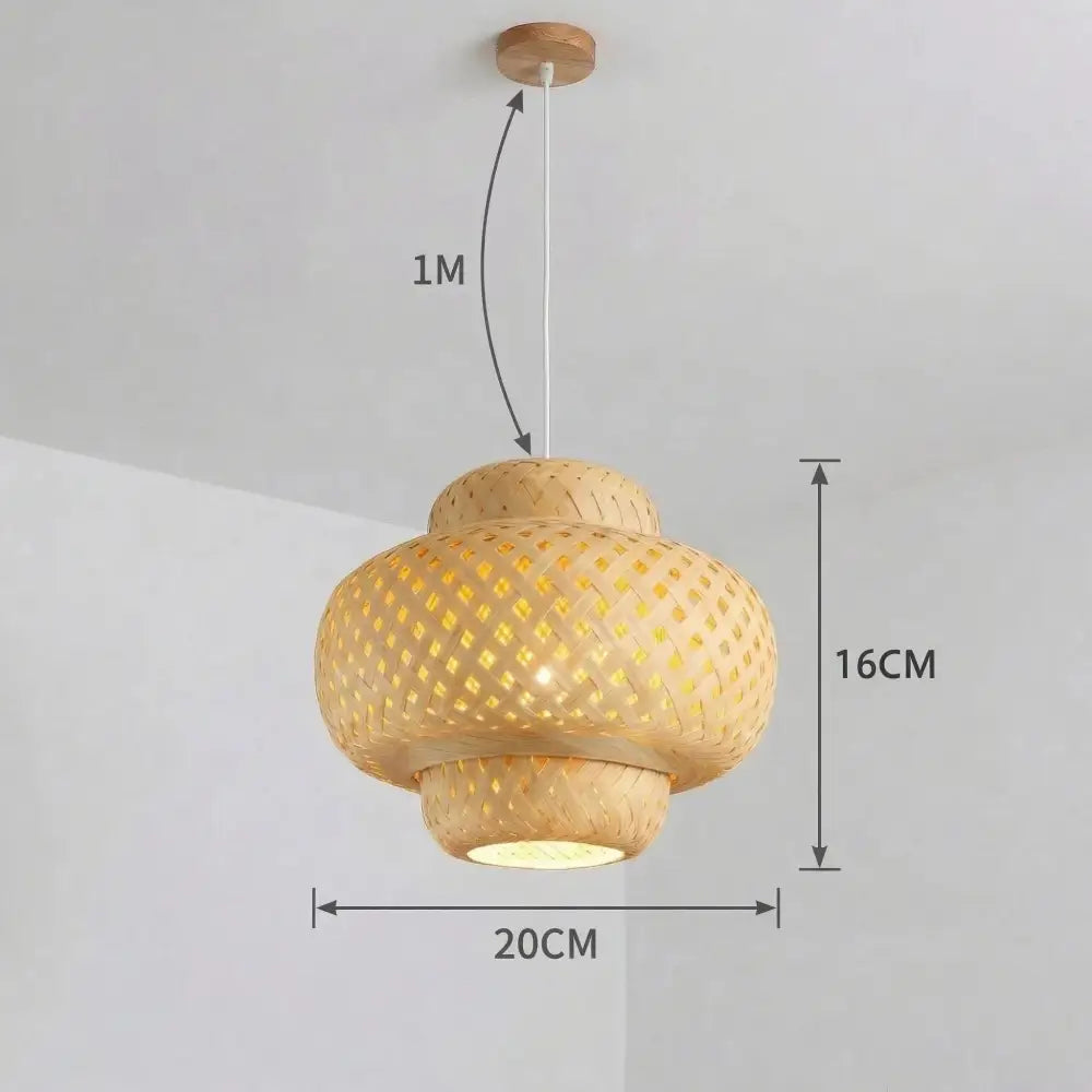 Tiered golden bamboo pendant light with warm-toned woven lattice design and wooden ceiling mount for dining room