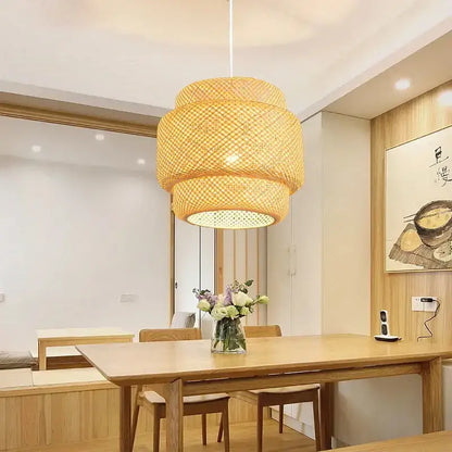 Tiered golden bamboo pendant light with a warm woven design for dining room pendant light decor
