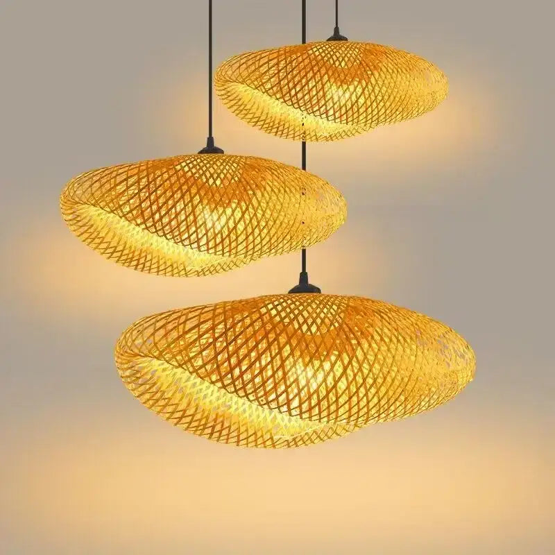 Tiered golden lattice decorbites bamboo chandelier features three woven pendant lights for elegant dining room lighting
