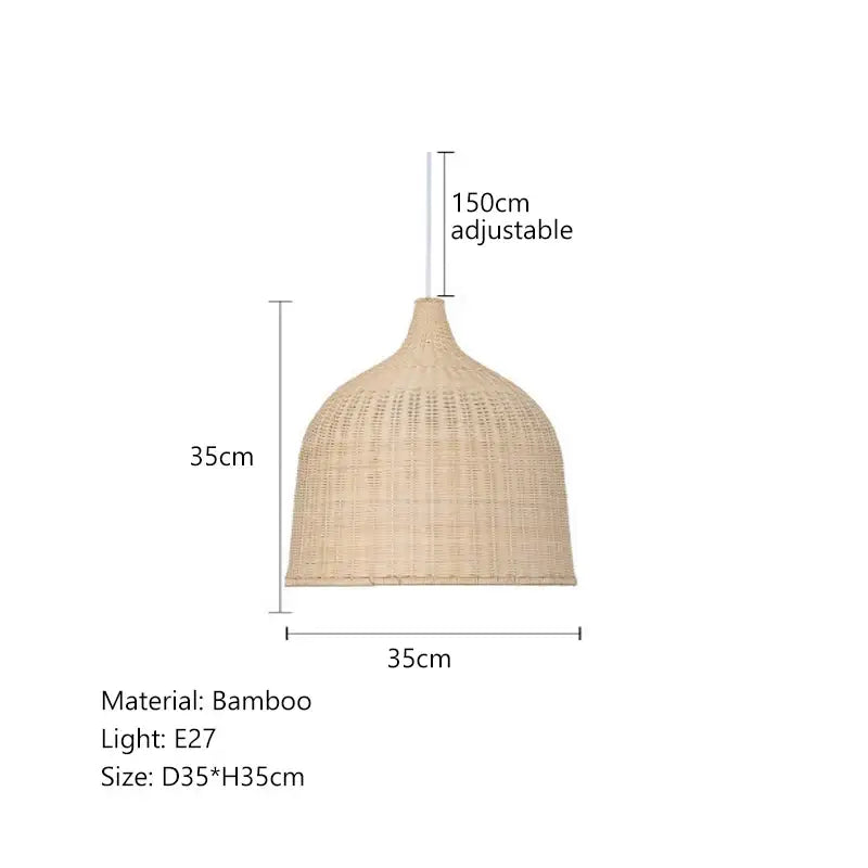 Beige bamboo weaving led pendant light with woven dome-shaped shade and adjustable hanging length for dining room