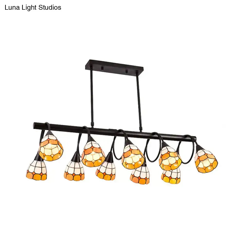 Black metal decorbites tiffany style kitchen island lighting with eight stained glass pendant lights in orange yellow and white mosaic patterns