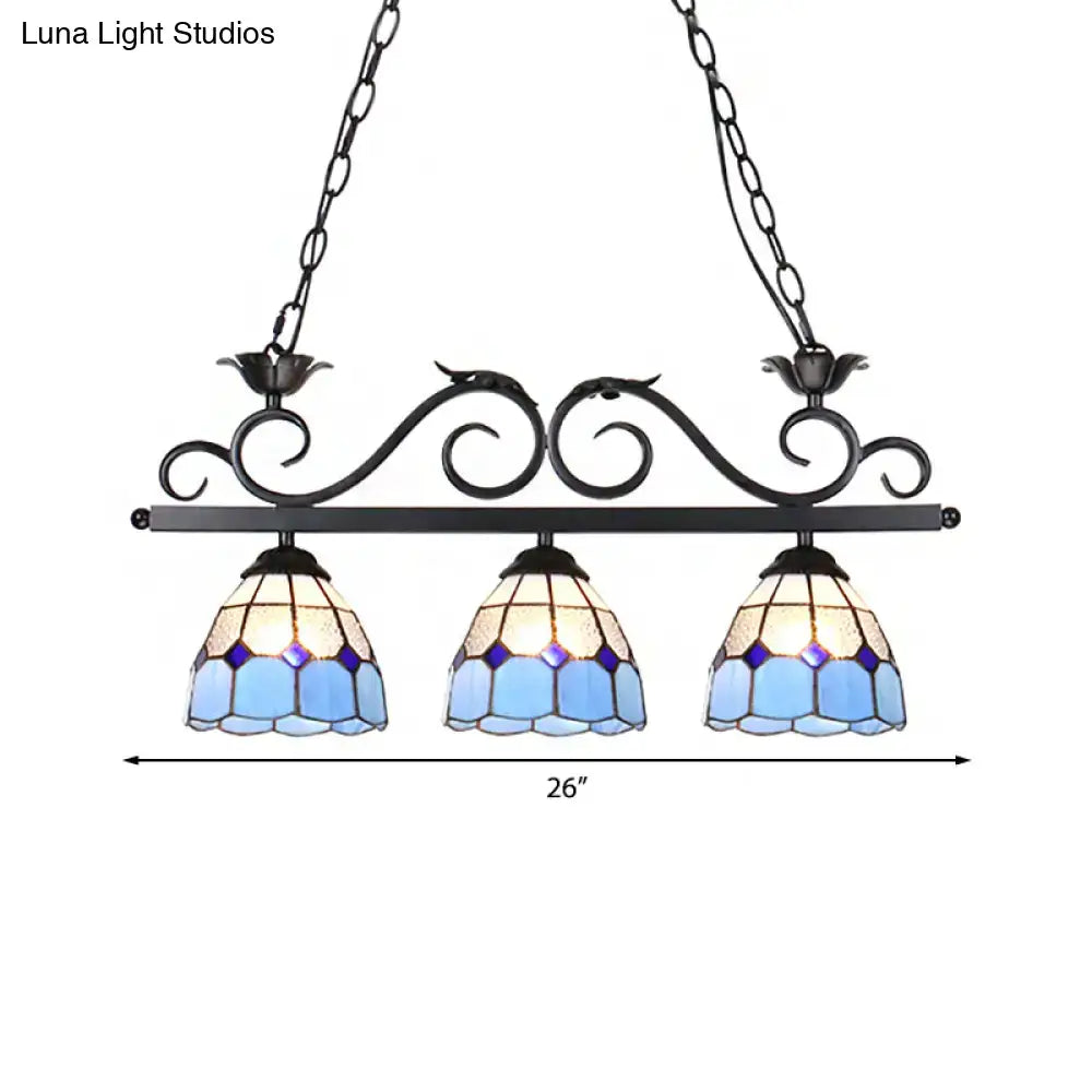 Blue stained glass Curved bird pendant light fixture with ornate black metal frame and chain by DecorBites