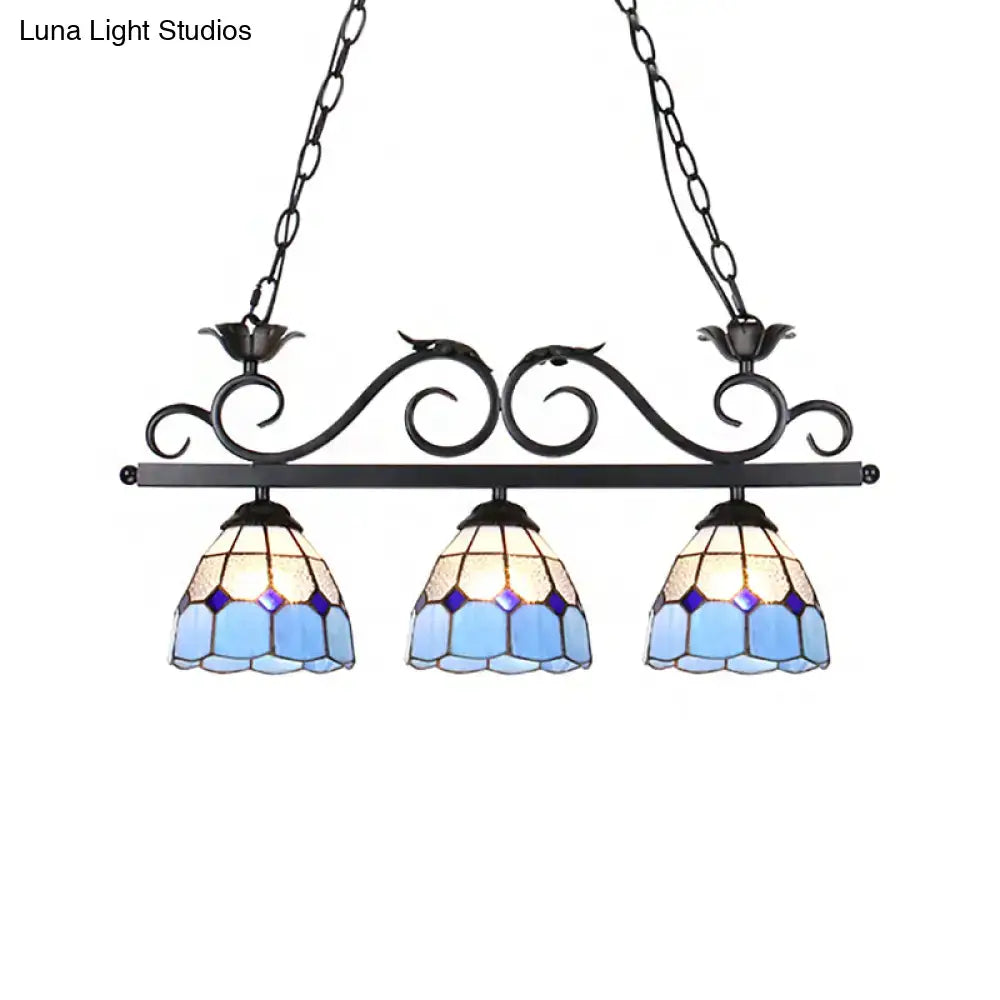 DecorBites™ curved bird pendant light fixture with blue stained glass and ornate black metal frame for island lighting