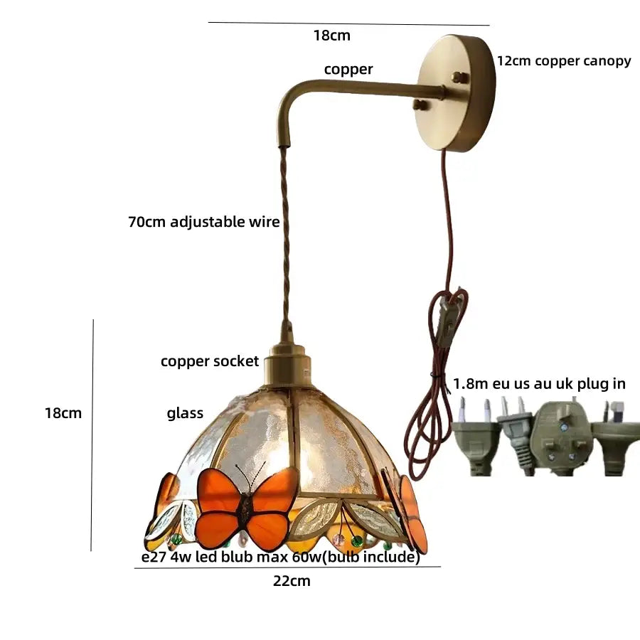 Decorbites tiffany butterfly wall lamp with decorative copper sconce and orange stained glass butterfly shade