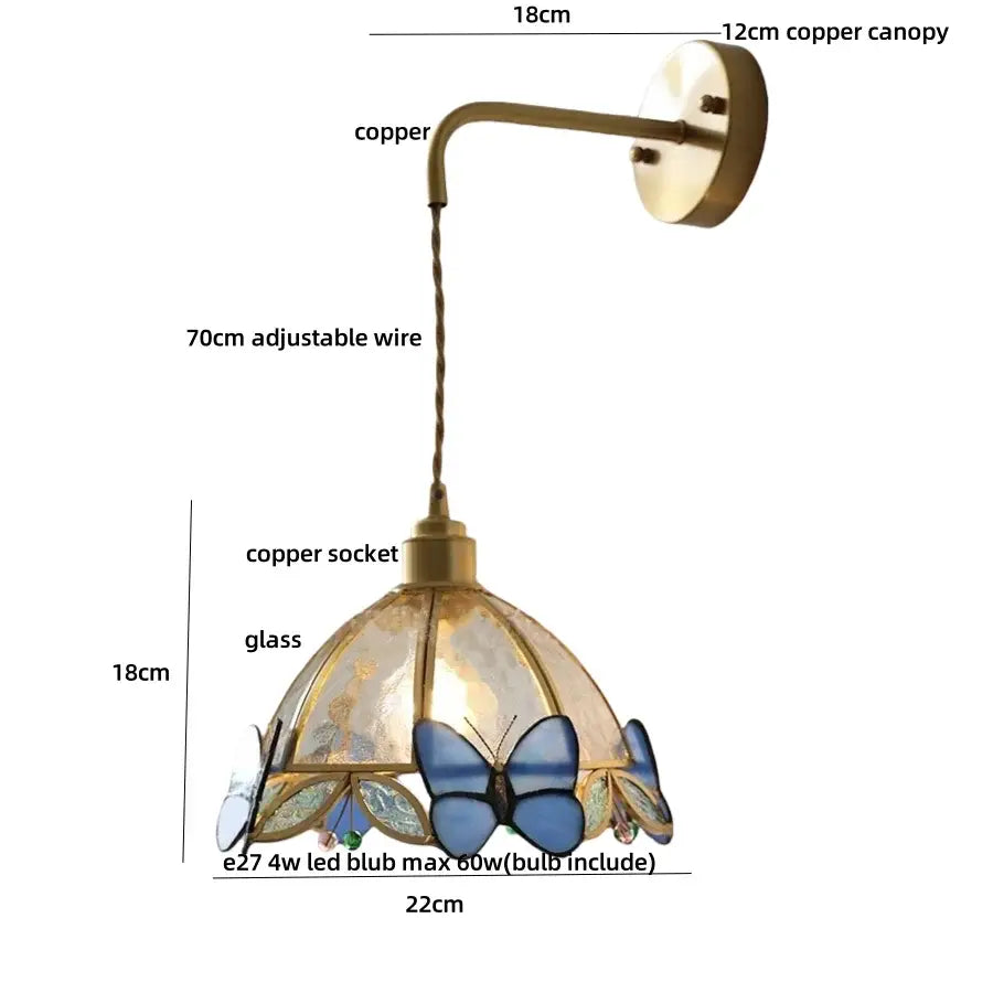 Decorbites Tiffany butterfly wall lamp with decorative copper sconce and blue stained glass butterflies for bedroom decor