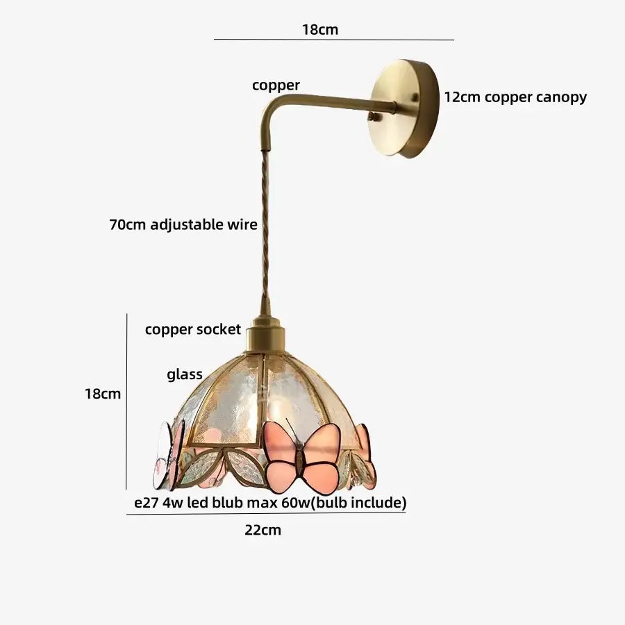 A delicate copper-finished decorbites tiffany butterfly glass wall lamp with pink and peach butterfly shade for bedroom