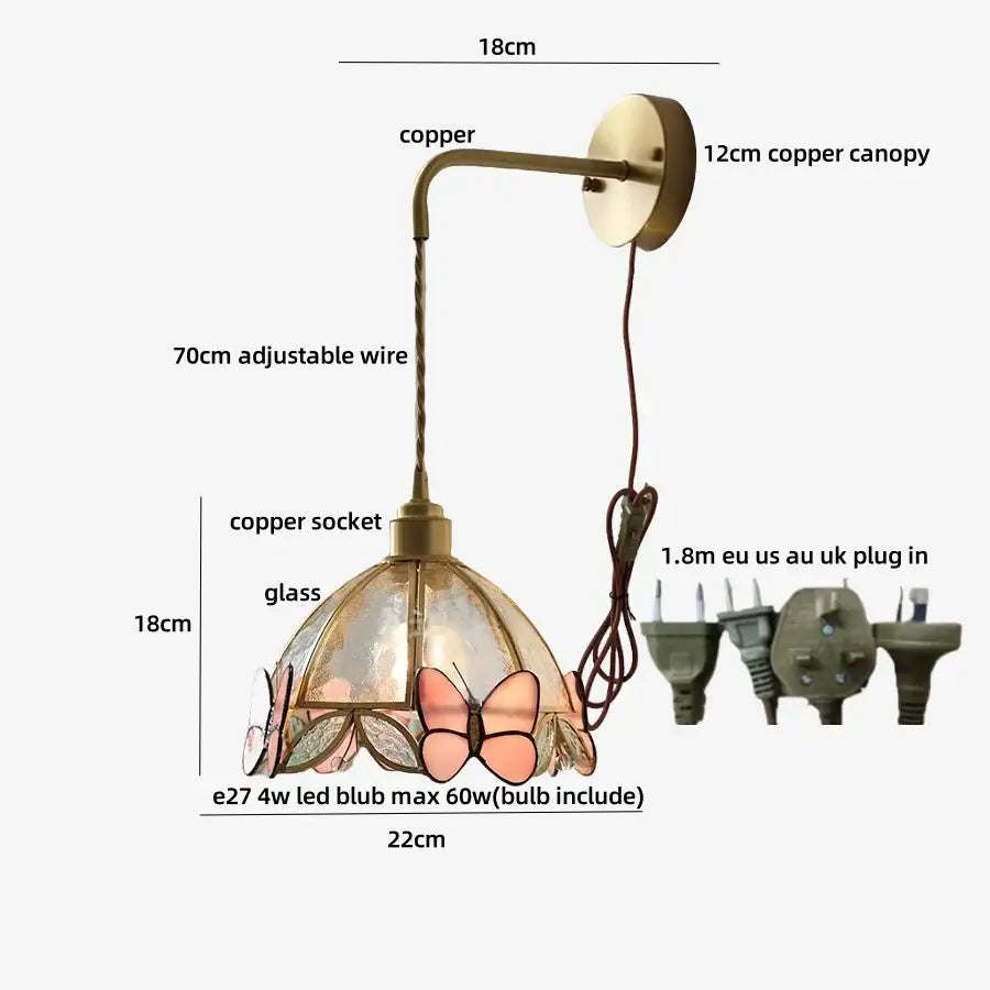 Copper-finished wall lamp with stained glass tiffany butterfly glass shade featuring pink and clear butterfly motifs