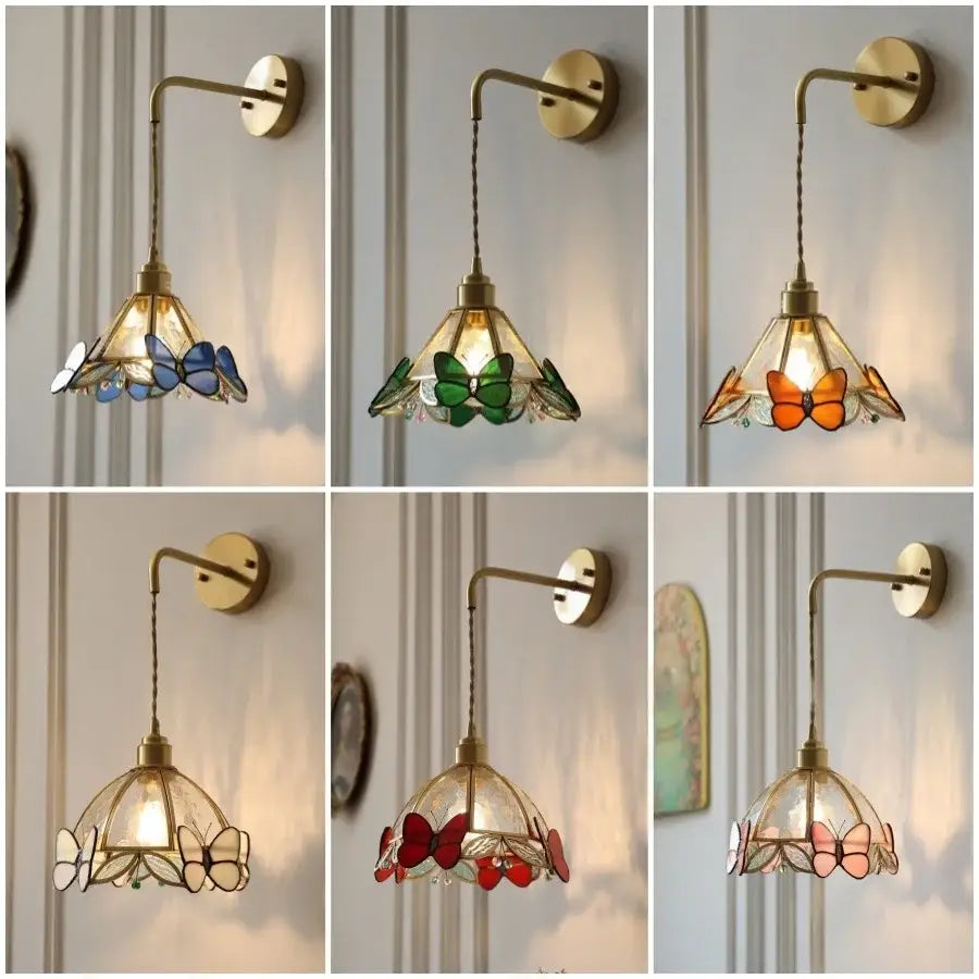Tiffany butterfly glass wall lamp with brass finish and colorful handcrafted butterfly motifs for bedroom decorbites wall lamp