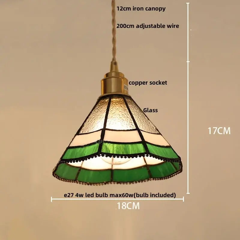 Vintage-style tiffany green and cream stained glass led pendant lamp with conical shade for dining room lighting